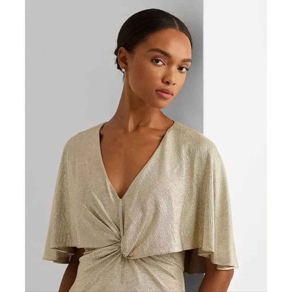 Lauren Ralph Lauren Twist-Front Foil Print Cape-Overlay Gown Gold/Tan 18 - Picture 5 of 7